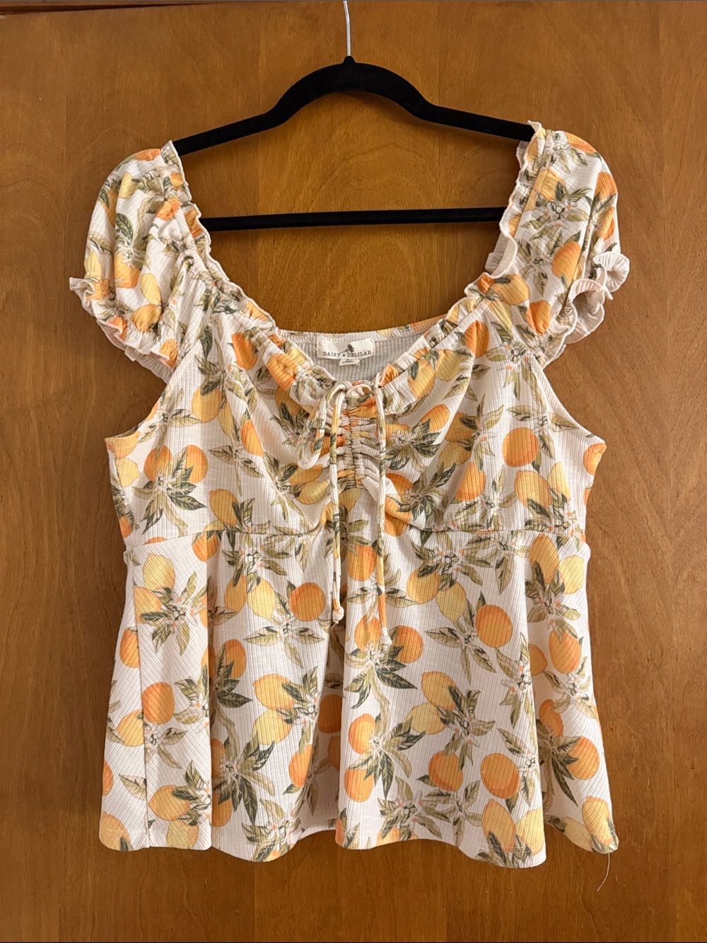 Women’s Cream Orange Print Ruffled Tie-Front Blouse
